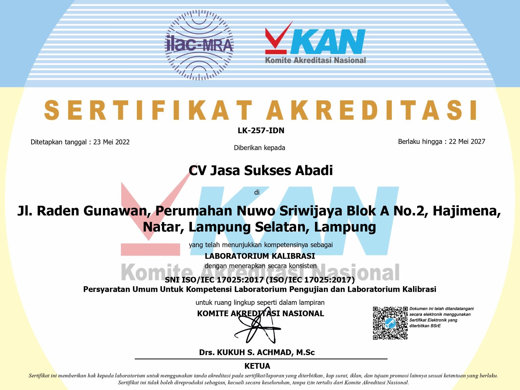 Sertifikat Akreditasi KAN JSA